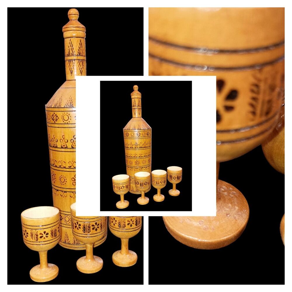 Turned Wood Mini Wood Decanter 4 Cups Hand Made Decorative Burned Design Ukraine